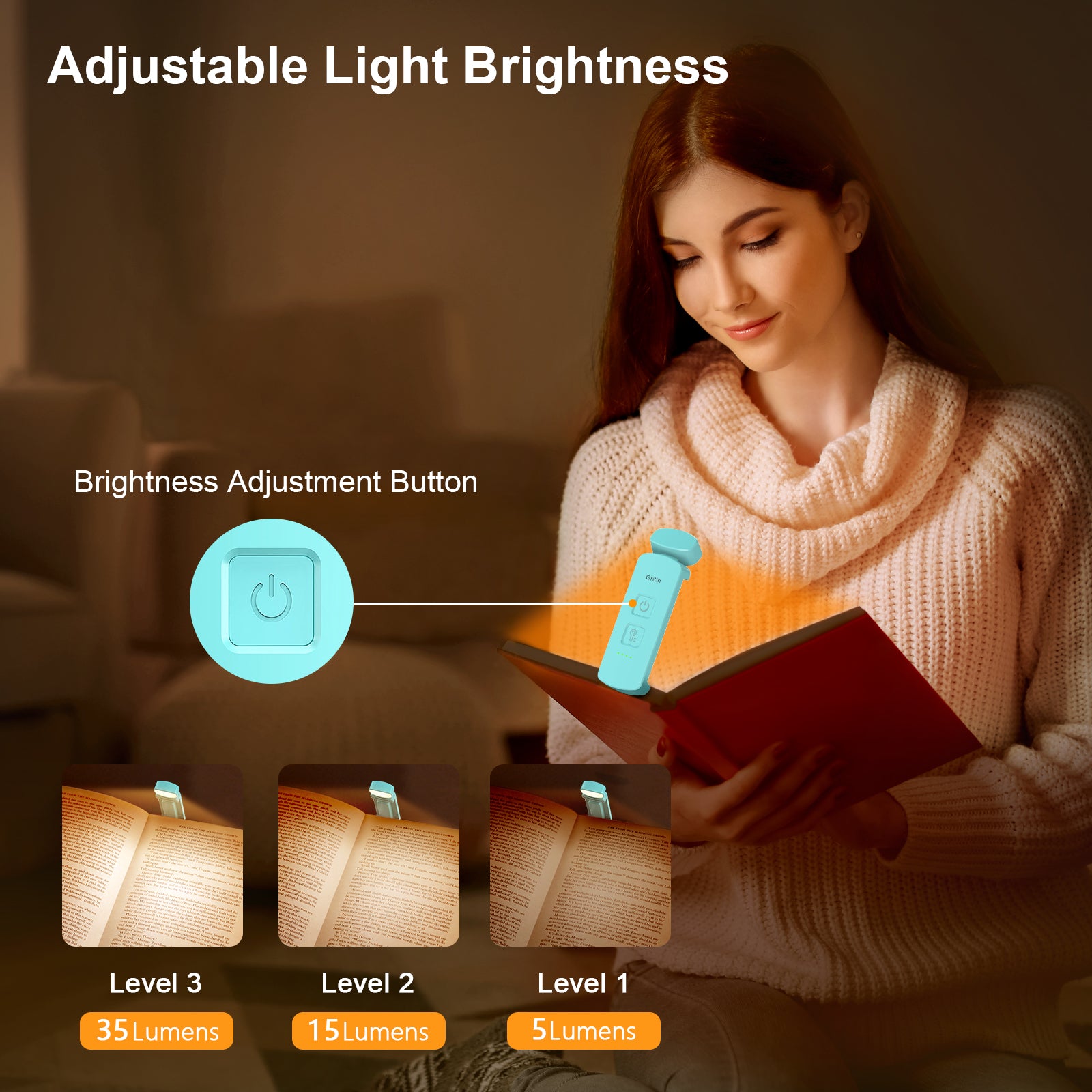 Gritin LED Book Light Rechargeable, Eye Caring Reading Light Lamp Clip on Book, 3 Modes (Mixed/White/Amber) & 3 Brightness Levels, Long Lasting up to 80 hrs, Mini Book Light for Book Lovers-Blue