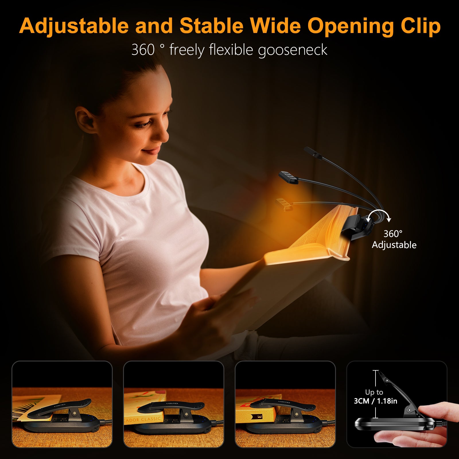 Gritin 19 LED Rechargeable Goose Neck Clip on Book Light