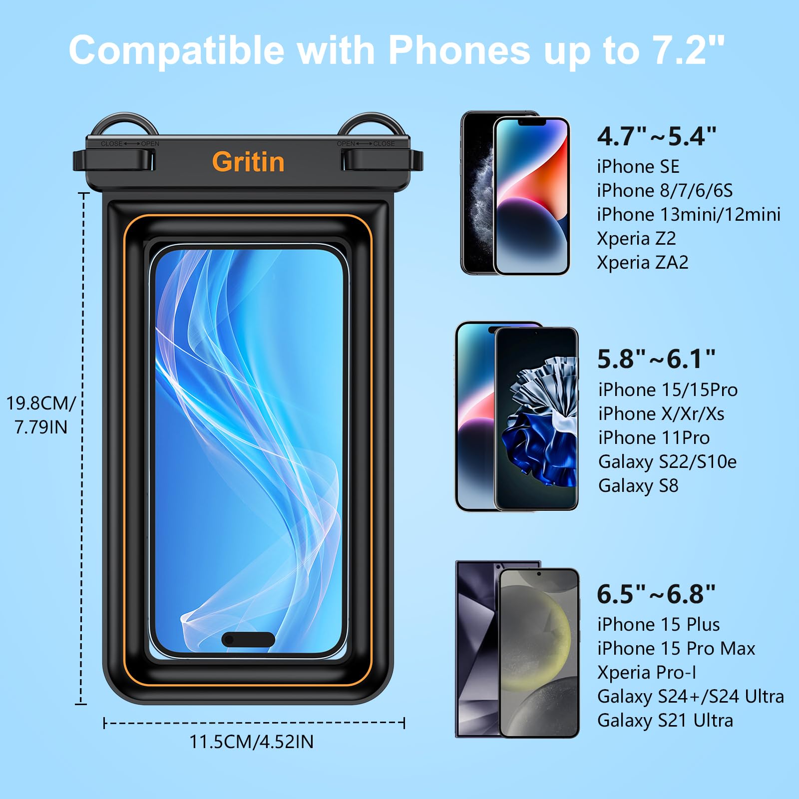 Gritin Waterproof Phone Pouch, IP68 Floating Waterproof Phone Case Bag for Swimming, Adjustable Lanyard Underwater Phone Dry Bag for iPhone 15 14 13,Galaxy S24 S23 and Other Phones up to 7.2" Black