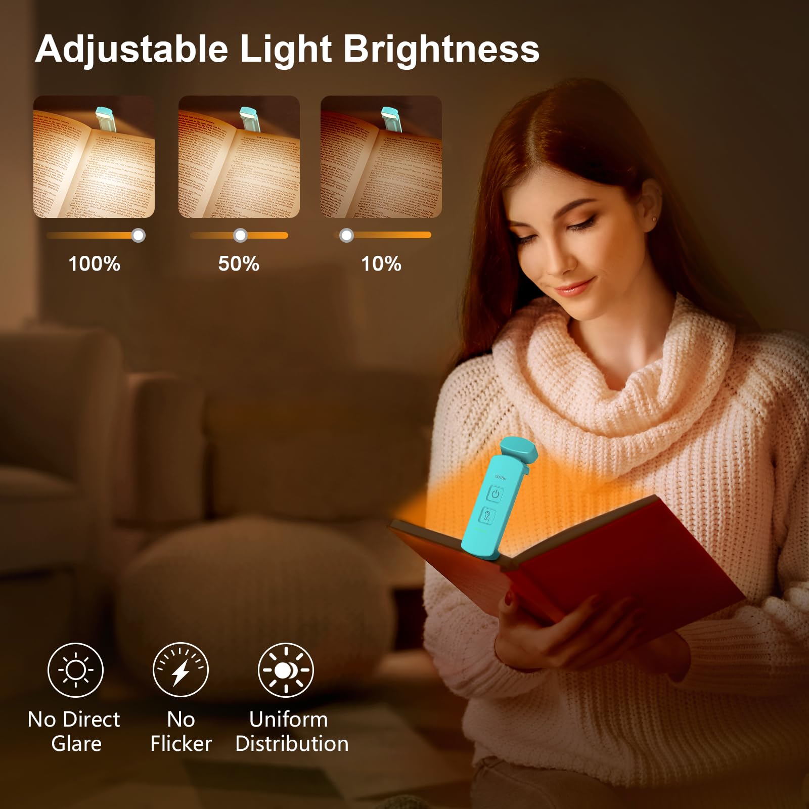 Gritin LED Book Light Rechargeable, Eye Caring Reading Light Lamp Clip on Book, 3 Modes (Mixed/White/Amber) & 3 Brightness Levels, Long Lasting up to 80 hrs, Mini Book Light for Book Lovers-Blue