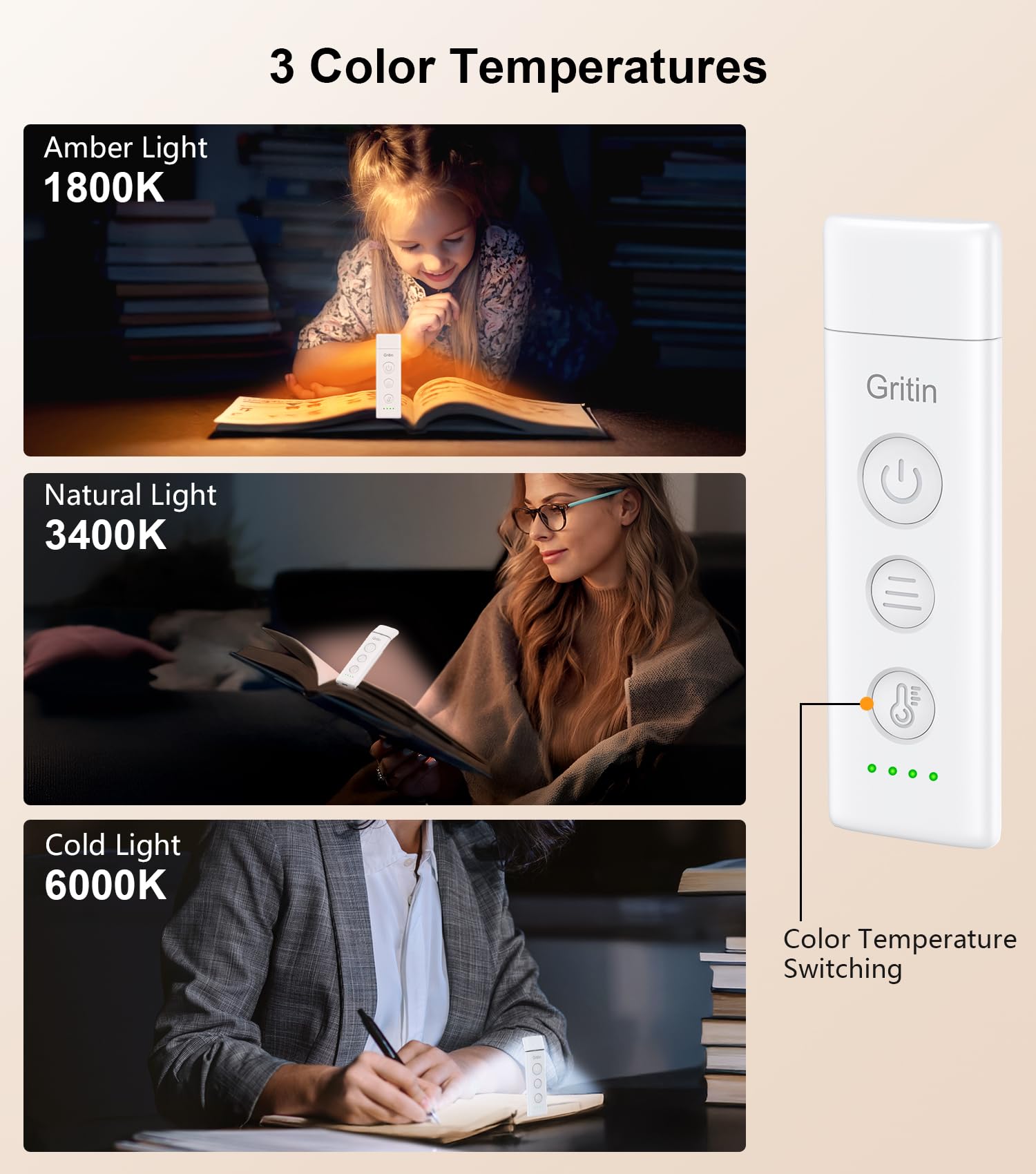 Gritin Book Light Rechargeable, Reading Light Lamp Clip on Book, 3 Eye-Protecting Modes (Mixed/White/Amber), 5 Brightness & Stepless Dimming, Long Battery Life, Flexible Book Light for Book Lovers