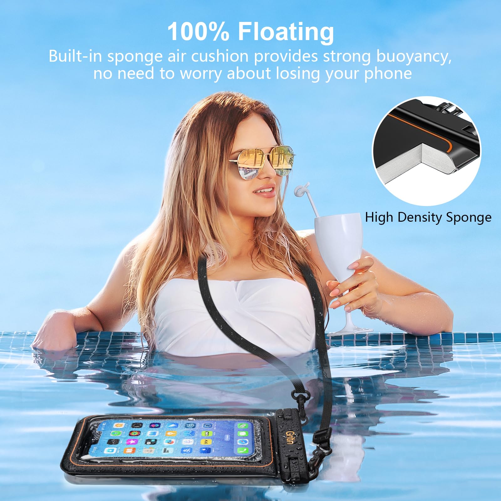 Gritin Waterproof Phone Pouch, IP68 Floating Waterproof Phone Case Bag for Swimming, Adjustable Lanyard Underwater Phone Dry Bag for iPhone 15 14 13,Galaxy S24 S23 and Other Phones up to 7.2" Black