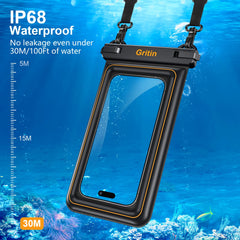 Gritin Waterproof Phone Pouch, IP68 Floating Waterproof Phone Case Bag for Swimming, Adjustable Lanyard Underwater Phone Dry Bag for iPhone 15 14 13,Galaxy S24 S23 and Other Phones up to 7.2" Black